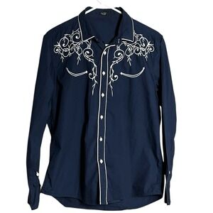 COOFANDY Men's Western Embroidered Detailed Chest Shirt Navy Blue Cowboy Rodeo M